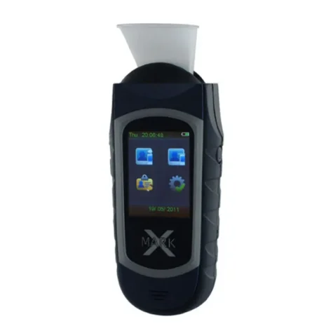 Alcovisor Mark X Alcohol Breathalyser switched on with the alternative mouth piece attached